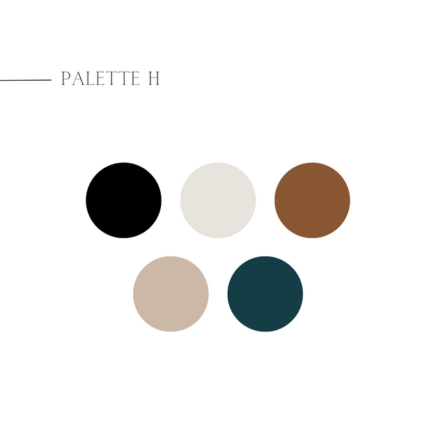 Custom brand color palette swatches in black, bone, terracotta, taupe and teal