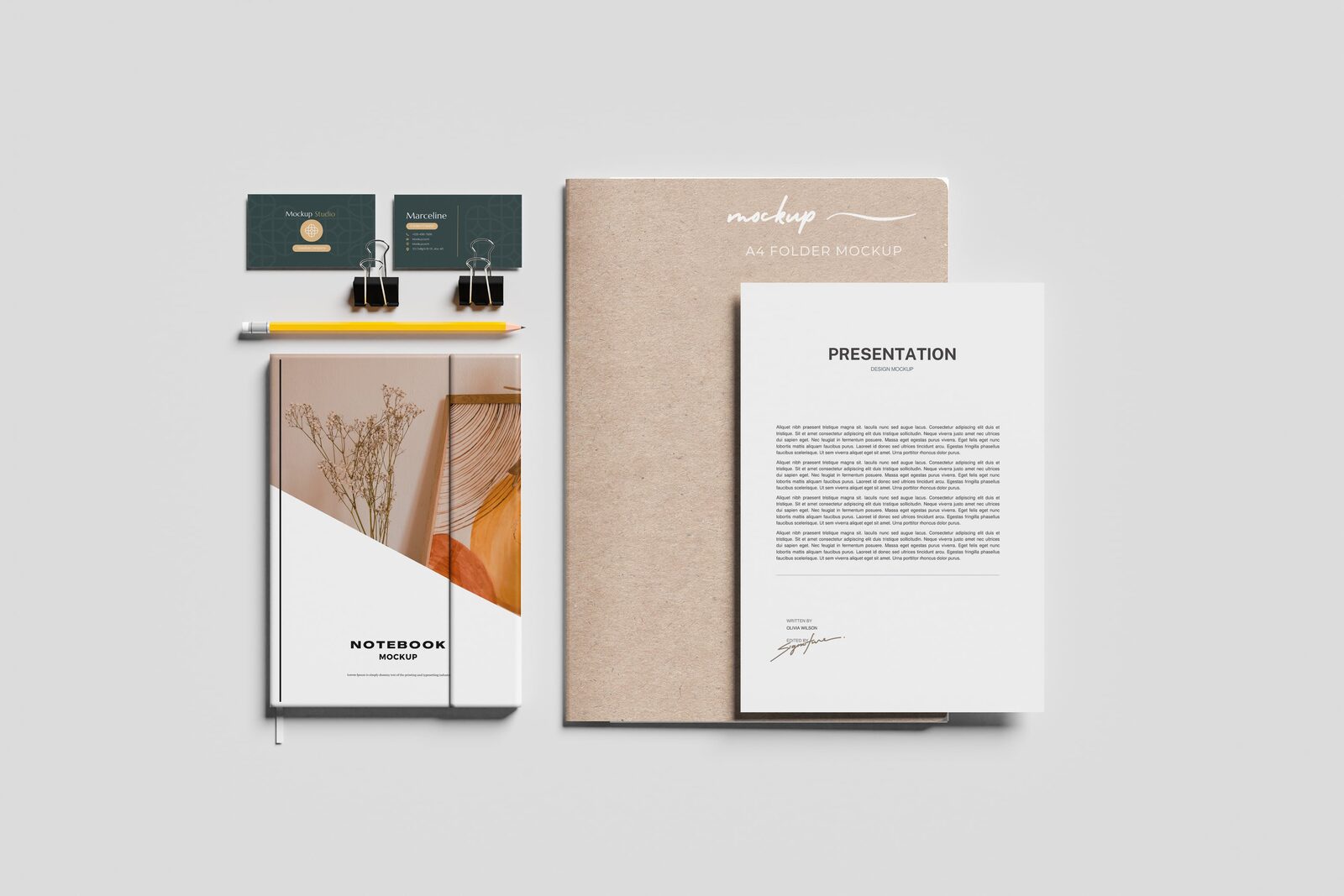 Branded stationery mockup including letterhead and business cards